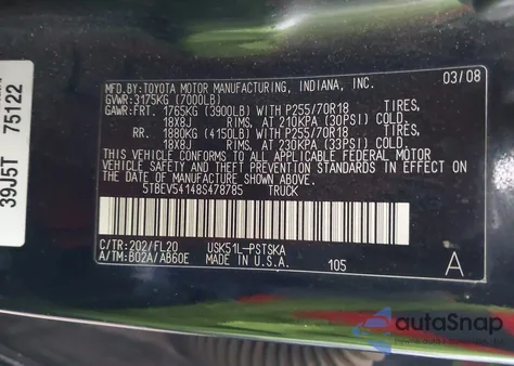 2008 Toyota Tundra Sr5 5.7L V8 from USA, damaged, VIN 5TBEV54148S478785